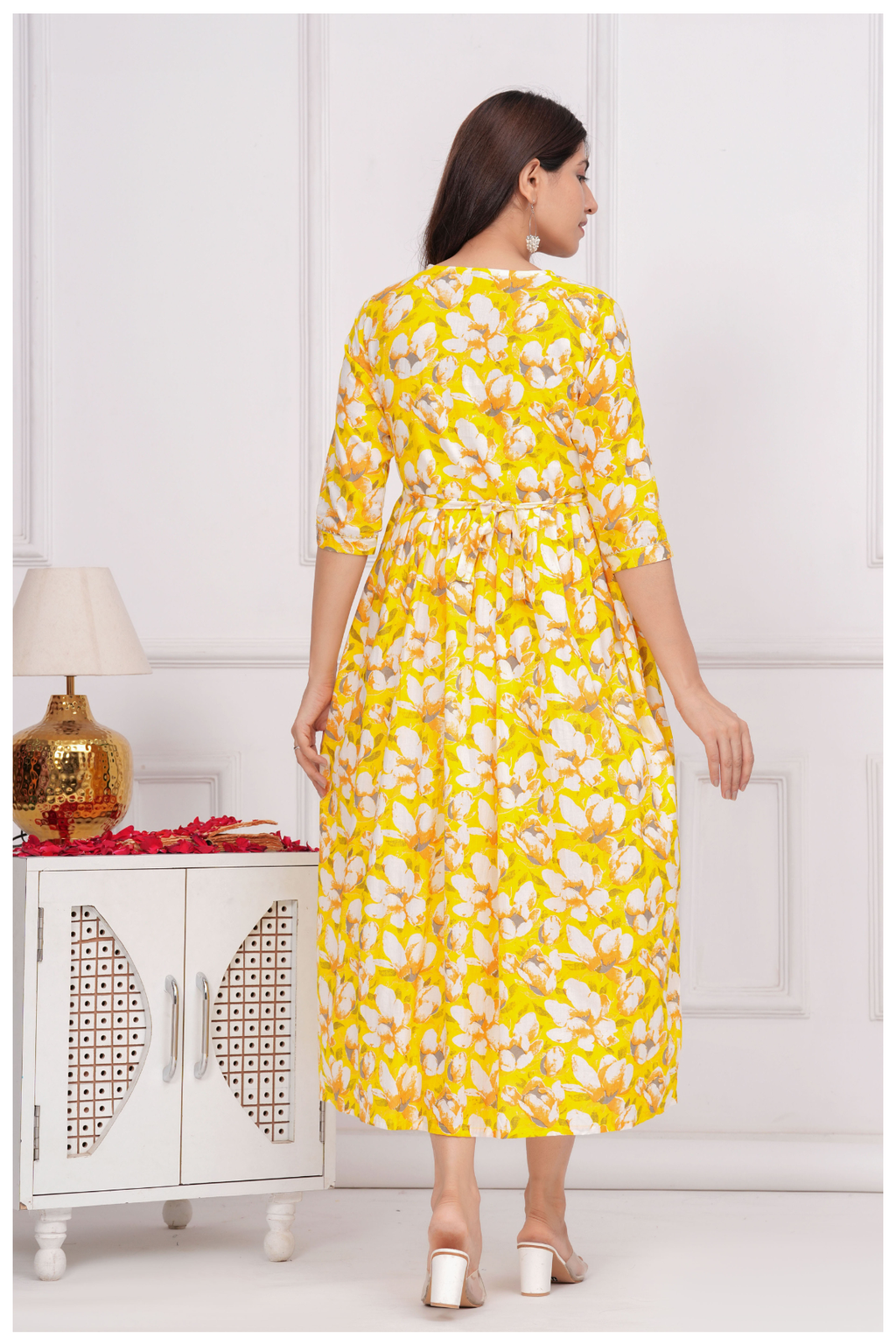 Yellow Floral Printed Maternity & Feeding Gown with Concealed Zip.