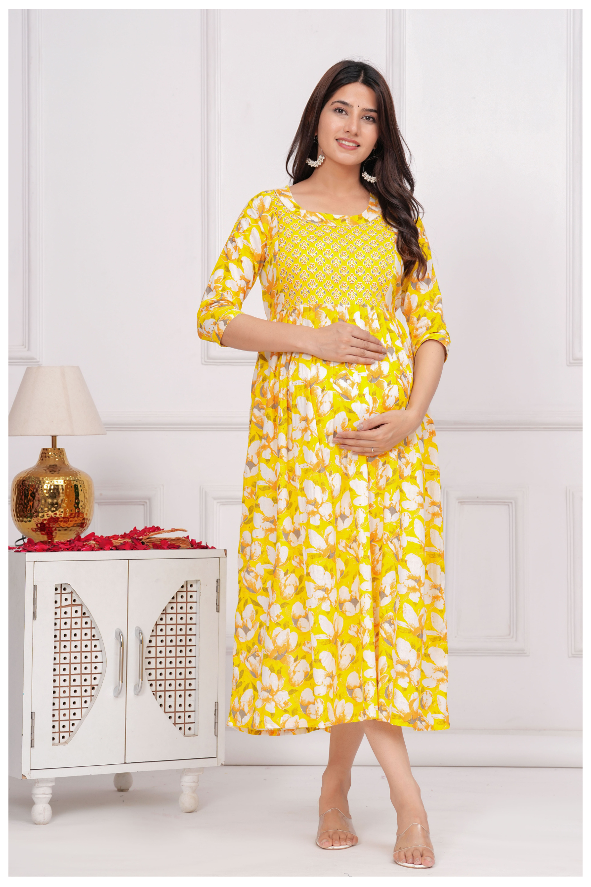 Yellow Floral Printed Maternity & Feeding Gown with Concealed Zip.