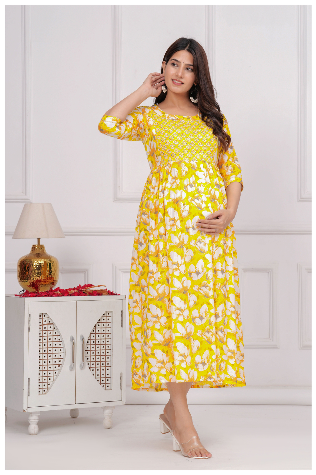 Yellow Floral Printed Maternity & Feeding Gown with Concealed Zip.