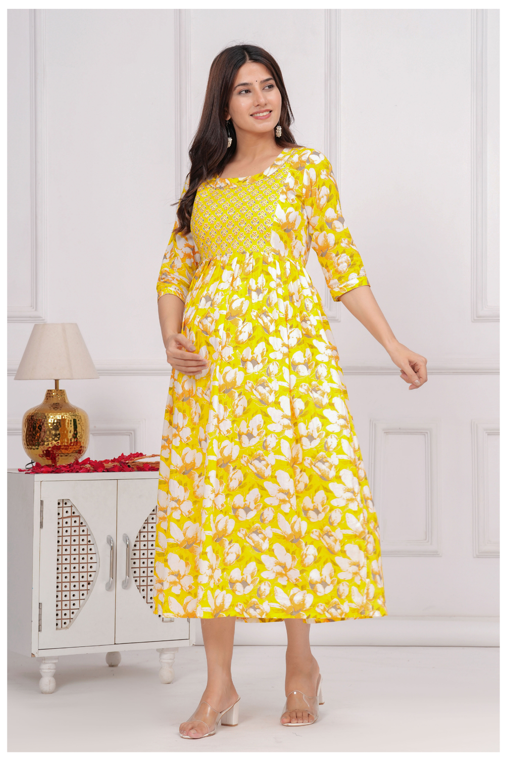 Yellow Floral Printed Maternity & Feeding Gown with Concealed Zip.