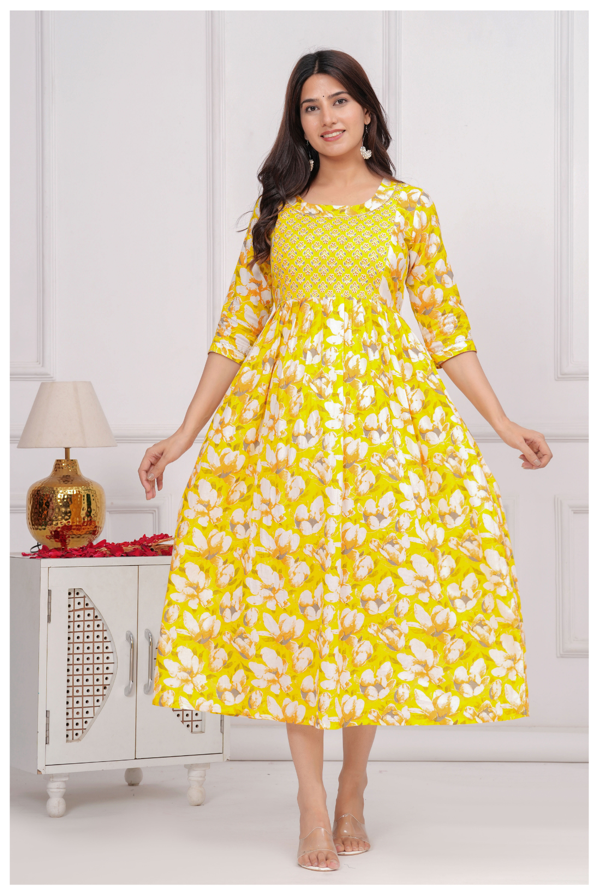 Yellow Floral Printed Maternity & Feeding Gown with Concealed Zip.