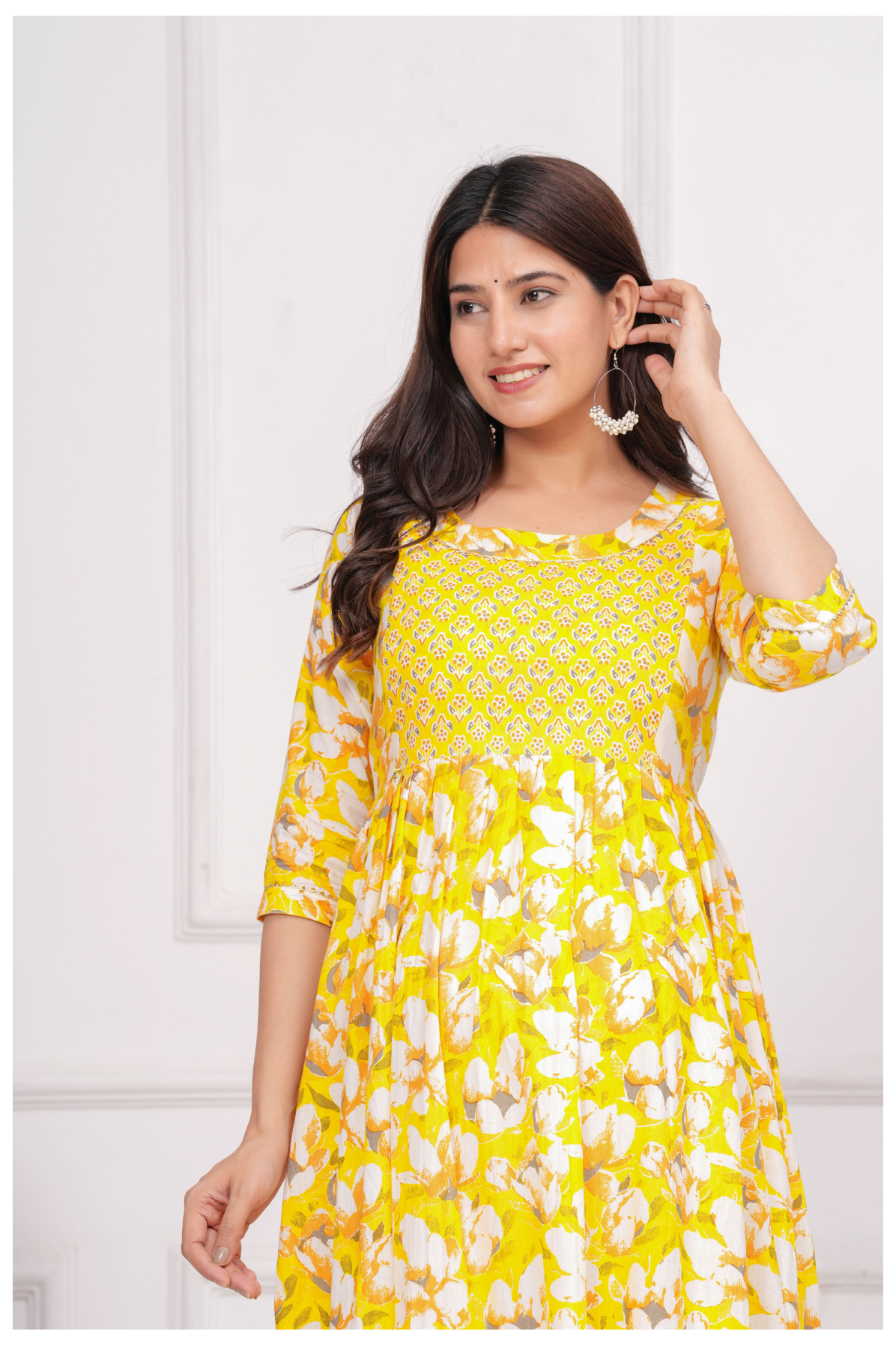 Yellow Floral Printed Maternity & Feeding Gown with Concealed Zip.