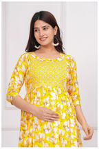 Yellow Floral Printed Maternity & Feeding Gown with Concealed Zip.