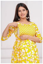 Yellow Floral Printed Maternity & Feeding Gown with Concealed Zip.