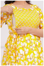 Yellow Floral Printed Maternity & Feeding Gown with Concealed Zip.