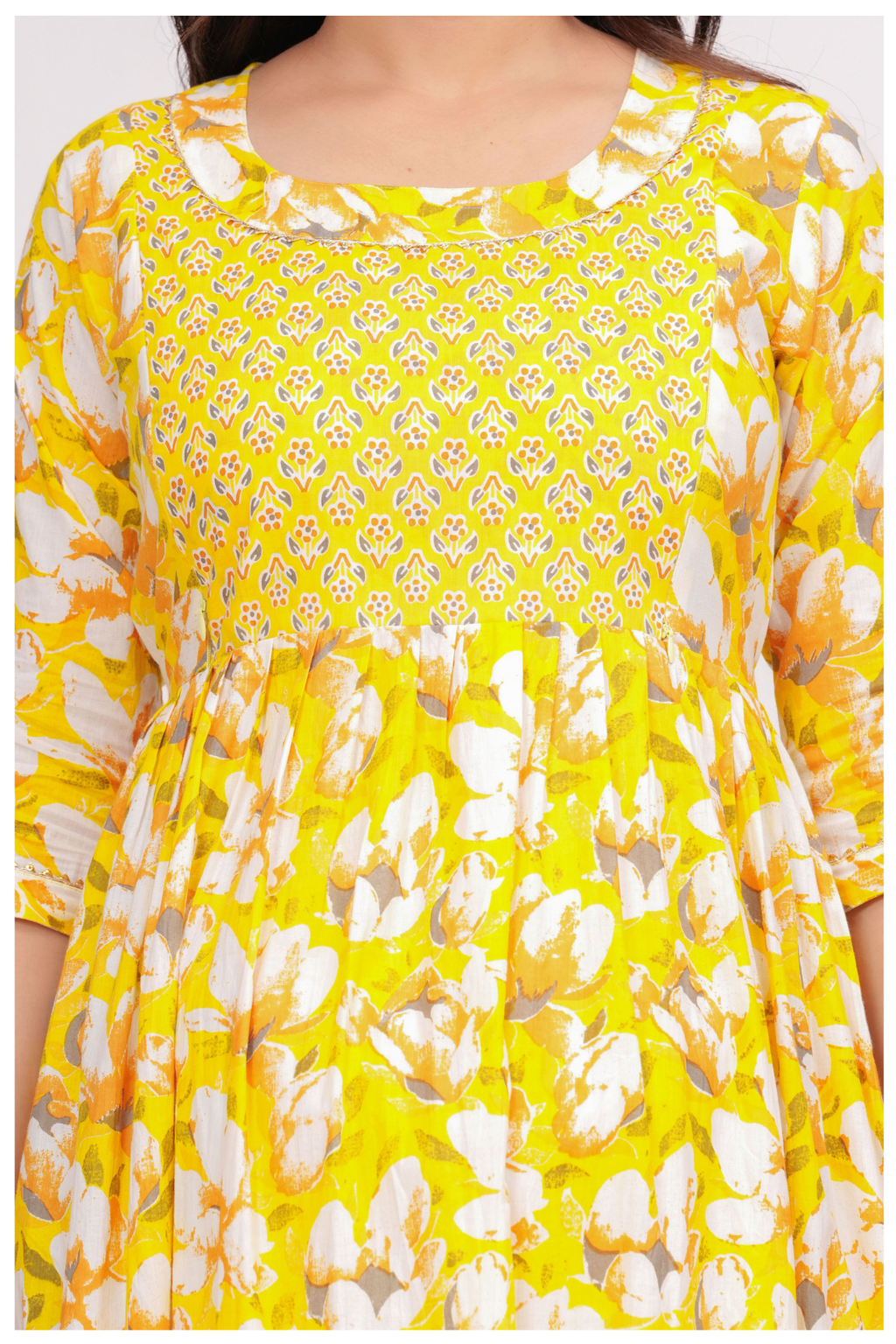Yellow Floral Printed Maternity & Feeding Gown with Concealed Zip.