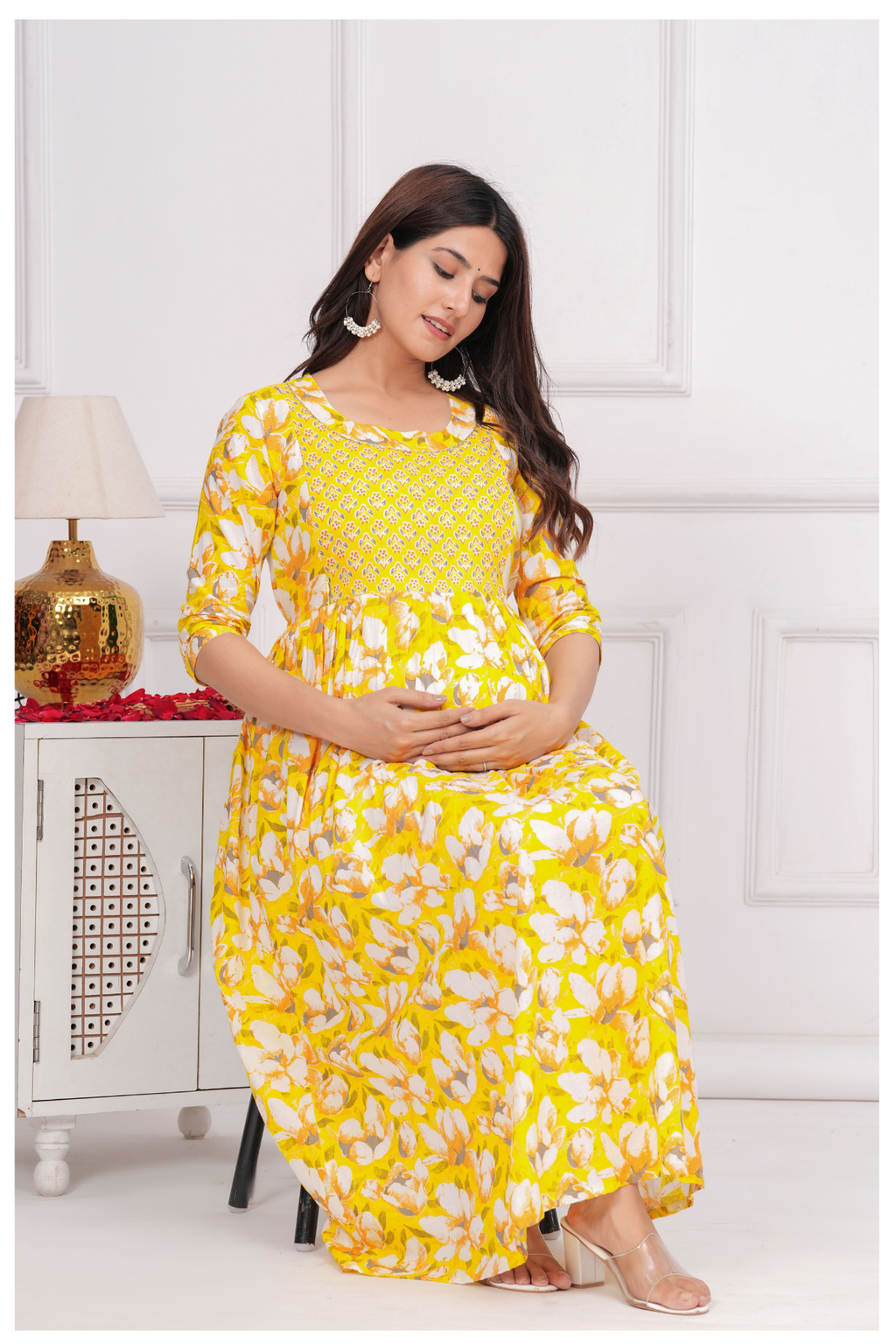 Yellow Floral Printed Maternity & Feeding Gown with Concealed Zip.