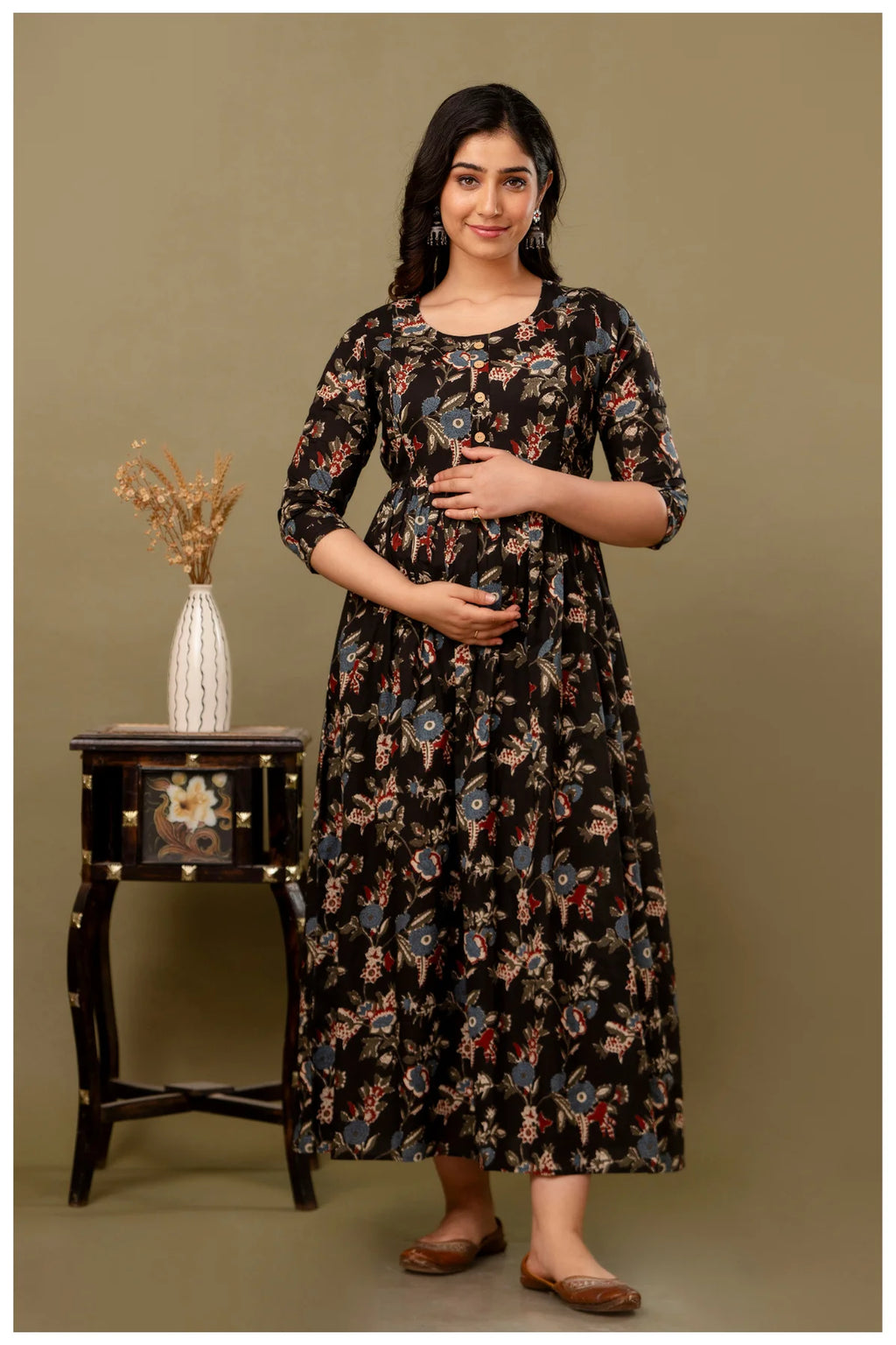 Black Floral Maternity & Nursing Gown with Hidden Feeding Zipper