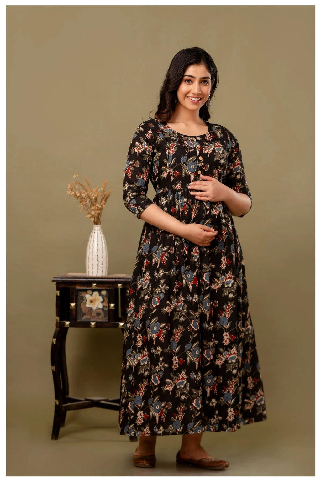 Black Floral Maternity & Nursing Gown with Hidden Feeding Zipper