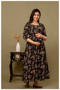 Black Floral Maternity & Nursing Gown with Hidden Feeding Zipper