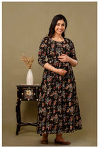 Black Floral Maternity & Nursing Gown with Hidden Feeding Zipper