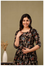 Black Floral Maternity & Nursing Gown with Hidden Feeding Zipper