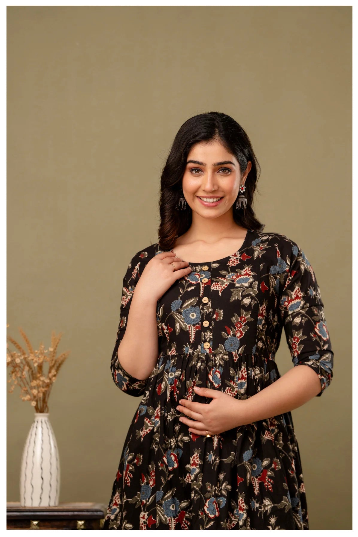 Black Floral Maternity & Nursing Gown with Hidden Feeding Zipper