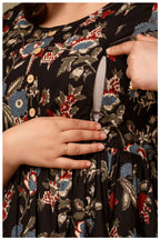 Black Floral Maternity & Nursing Gown with Hidden Feeding Zipper