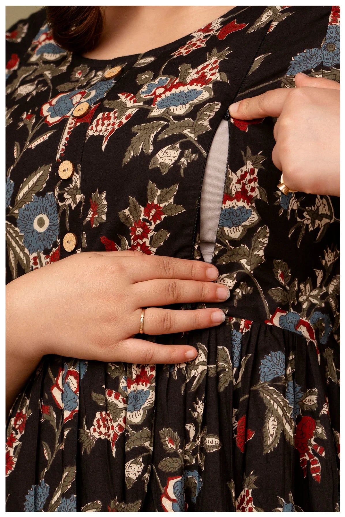 Black Floral Maternity & Nursing Gown with Hidden Feeding Zipper