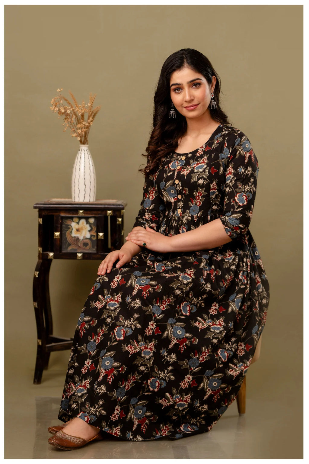 Black Floral Maternity & Nursing Gown with Hidden Feeding Zipper