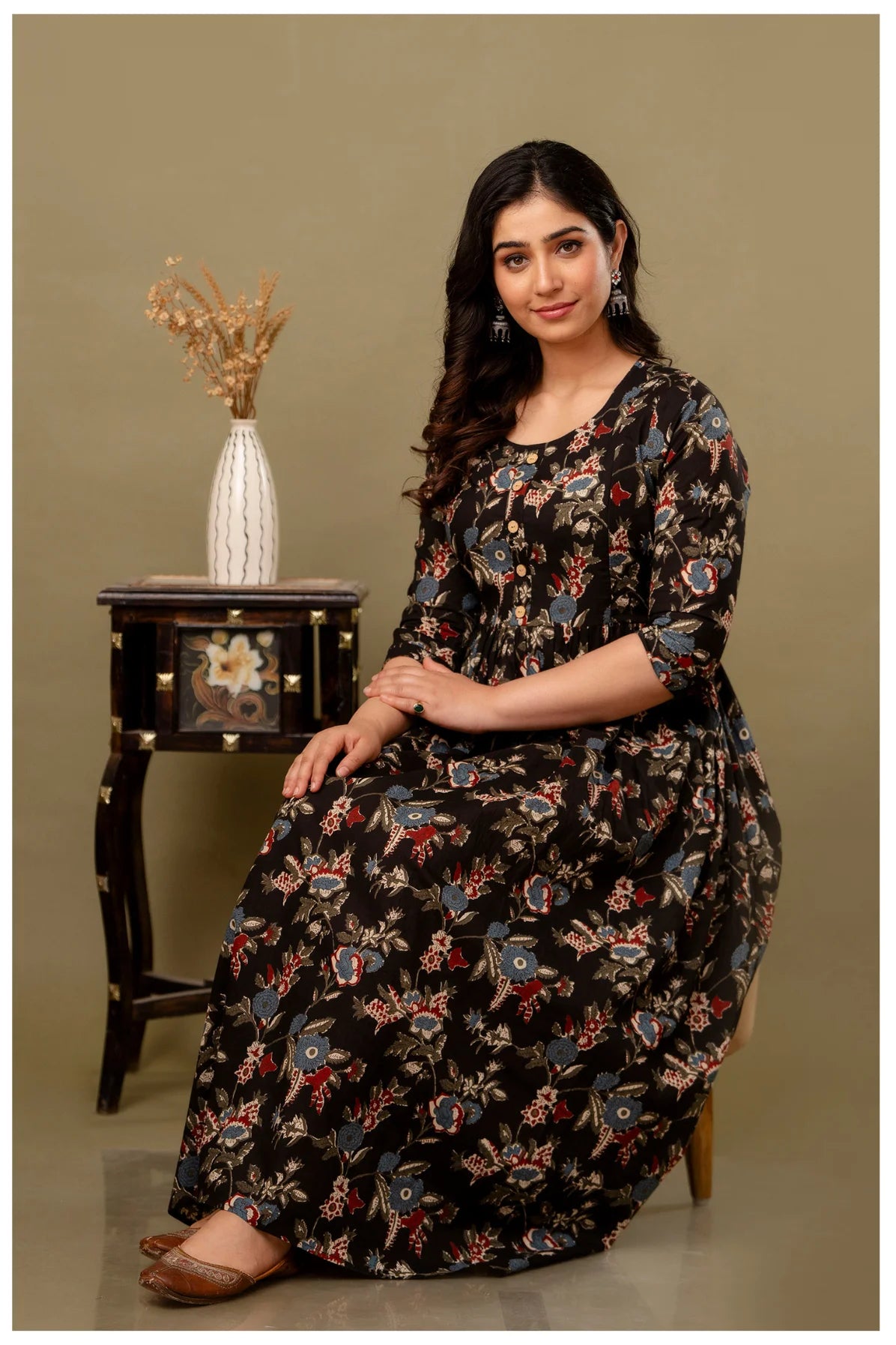 Black Floral Maternity & Nursing Gown with Hidden Feeding Zipper