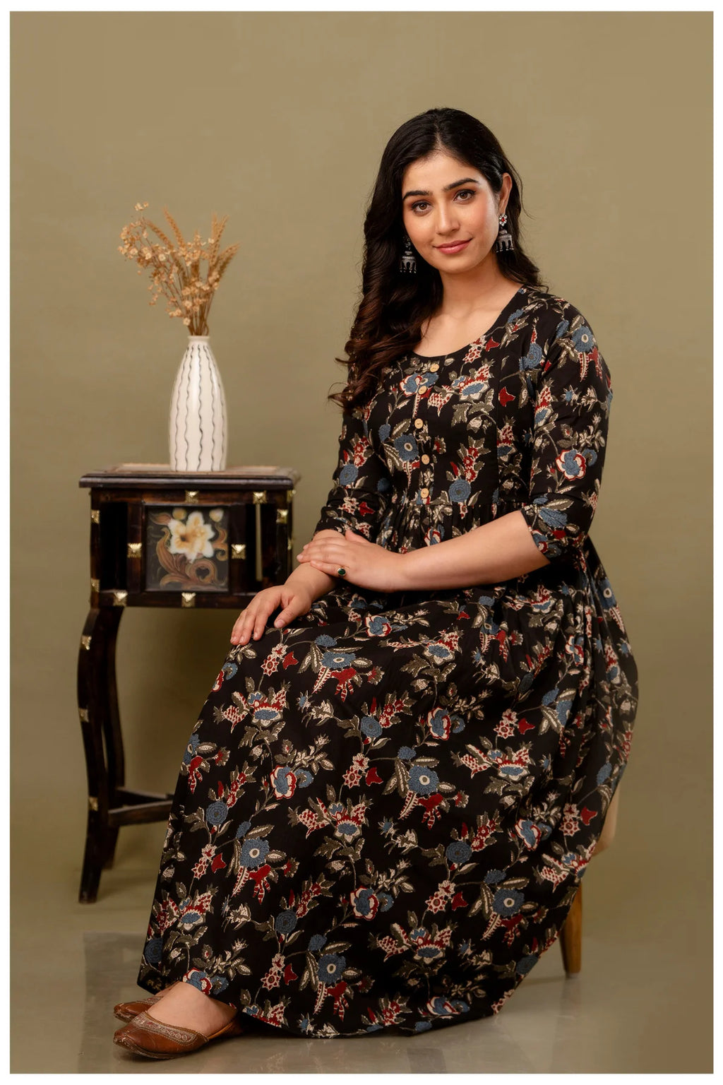 Black Floral Maternity & Nursing Gown with Hidden Feeding Zipper