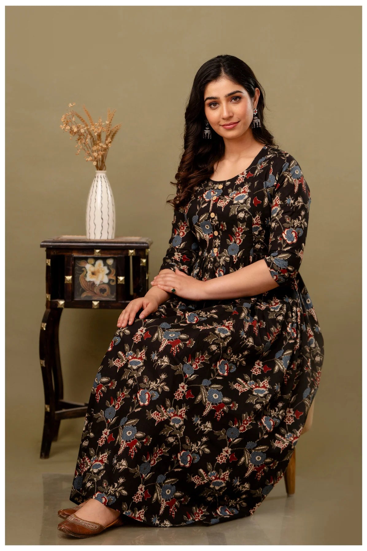 Black Floral Maternity & Nursing Gown with Hidden Feeding Zipper