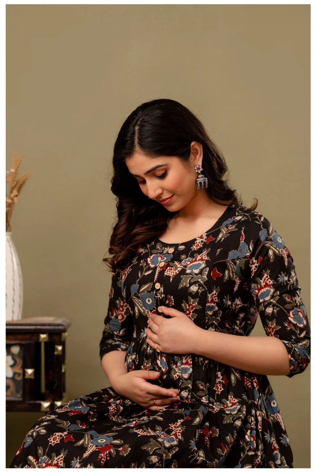 Black Floral Maternity & Nursing Gown with Hidden Feeding Zipper