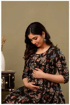 Black Floral Maternity & Nursing Gown with Hidden Feeding Zipper