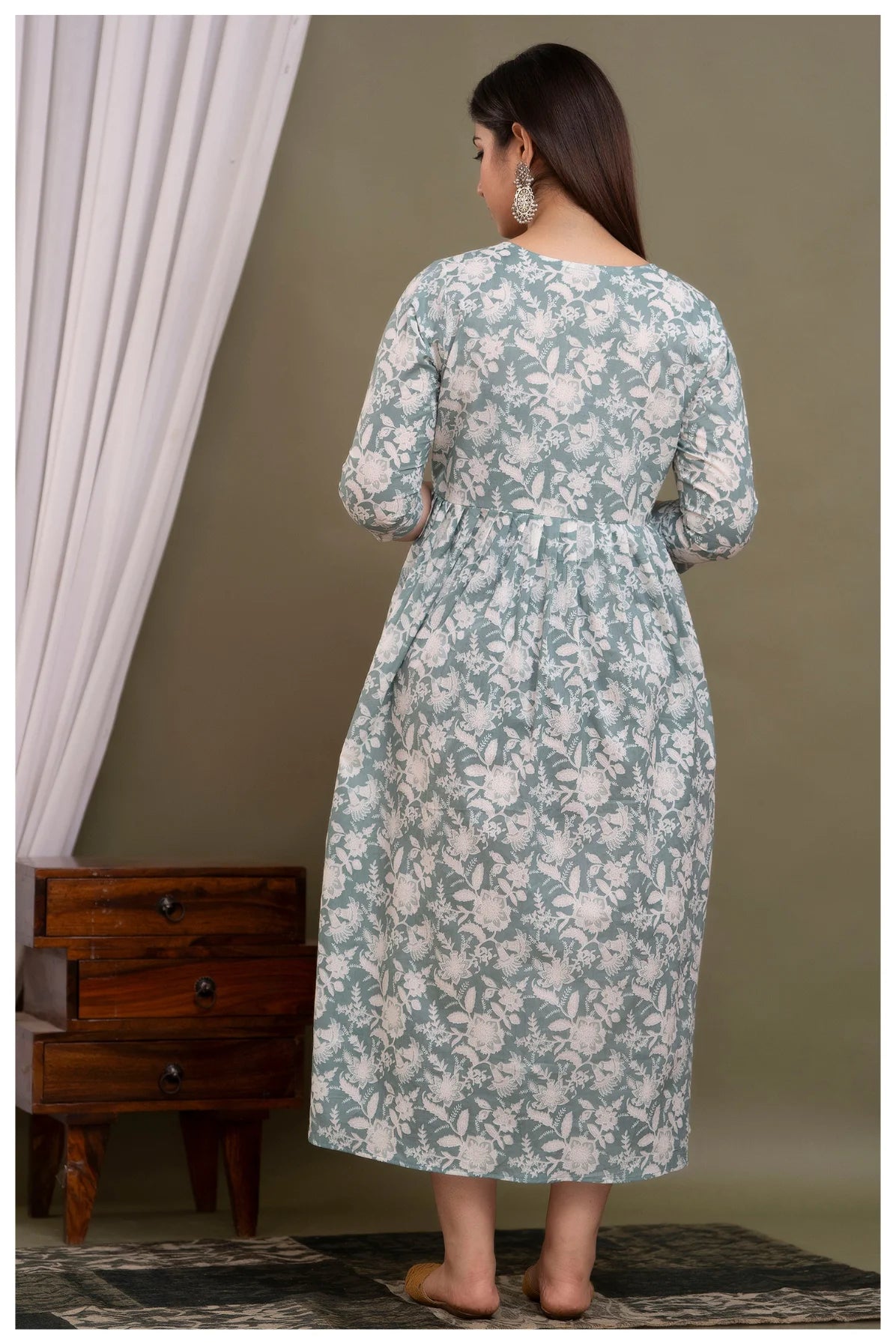 Sage Green Floral Maternity & Feeding Gown with Hidden Zipper