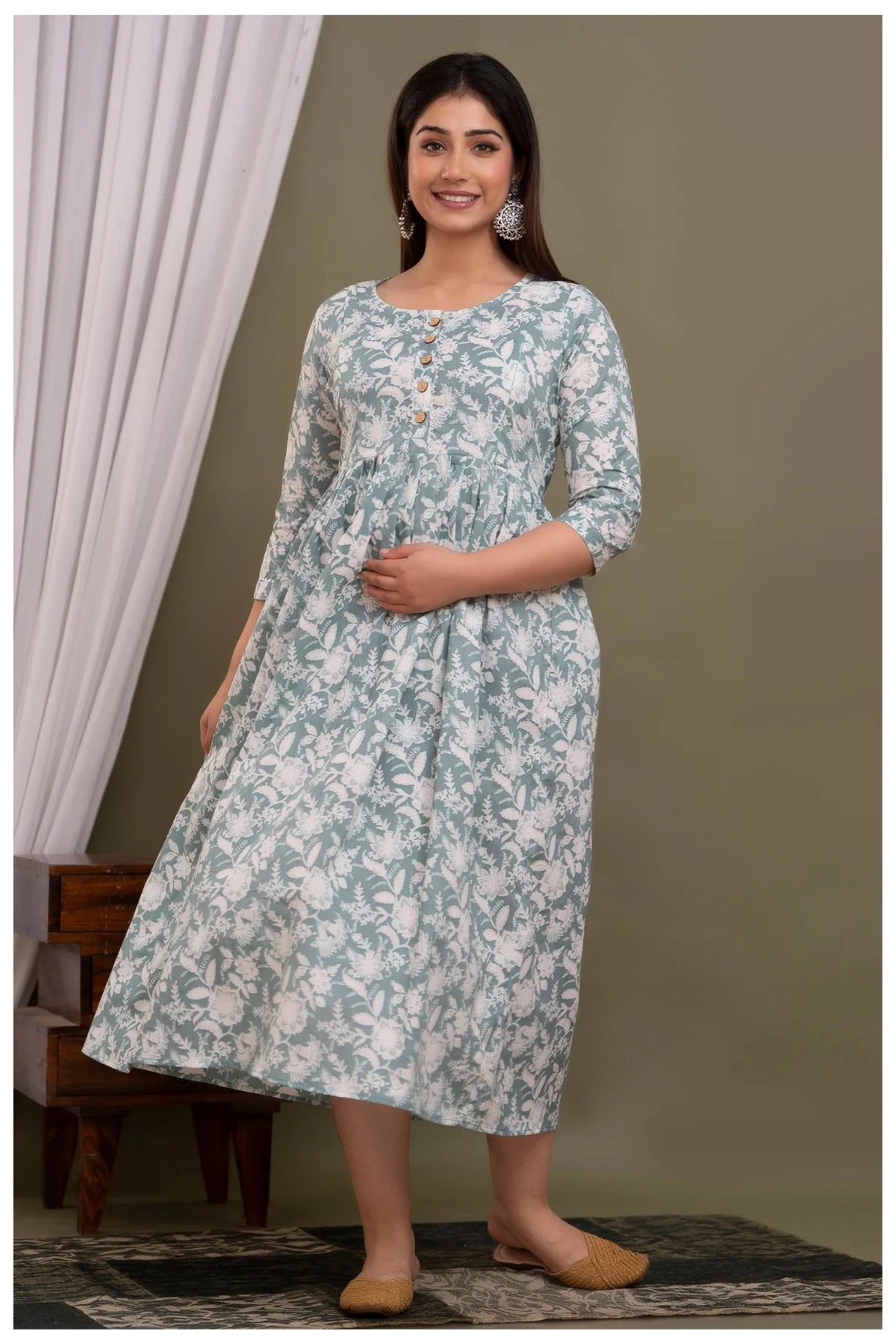 Sage Green Floral Maternity & Feeding Gown with Hidden Zipper