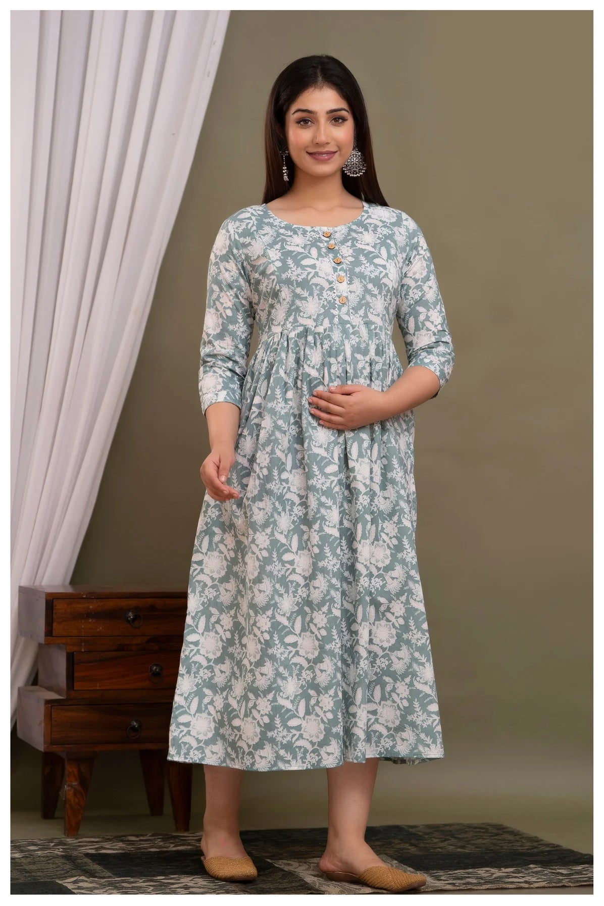 Sage Green Floral Maternity & Feeding Gown with Hidden Zipper