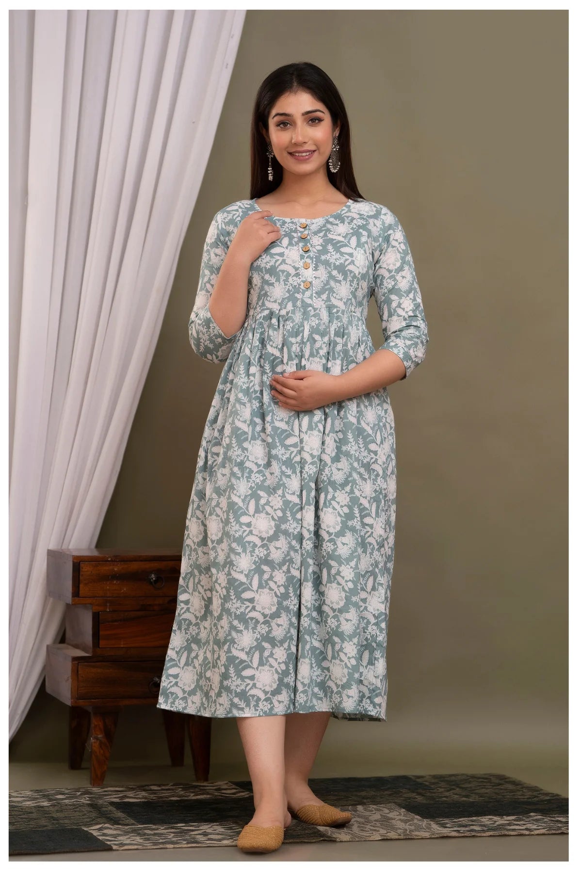 Sage Green Floral Maternity & Feeding Gown with Hidden Zipper