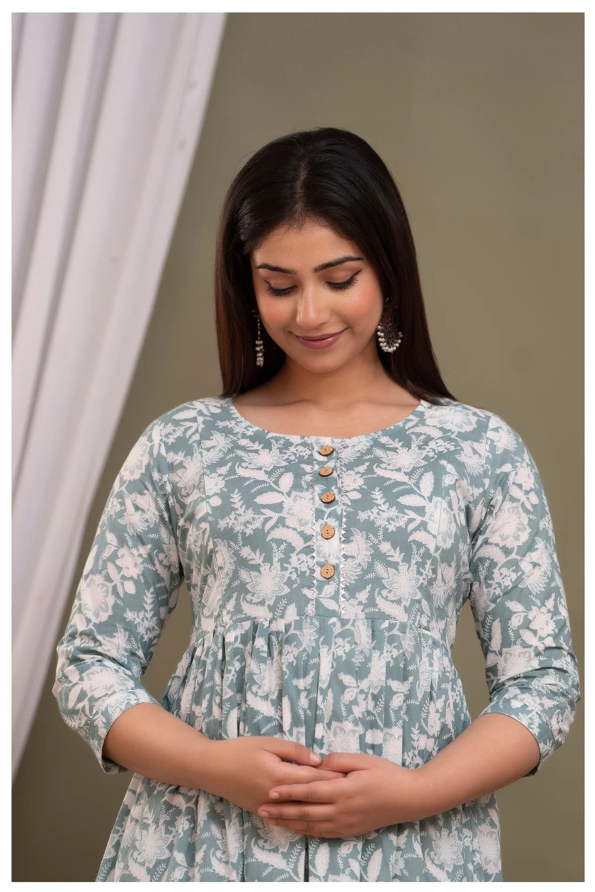 Sage Green Floral Maternity & Feeding Gown with Hidden Zipper