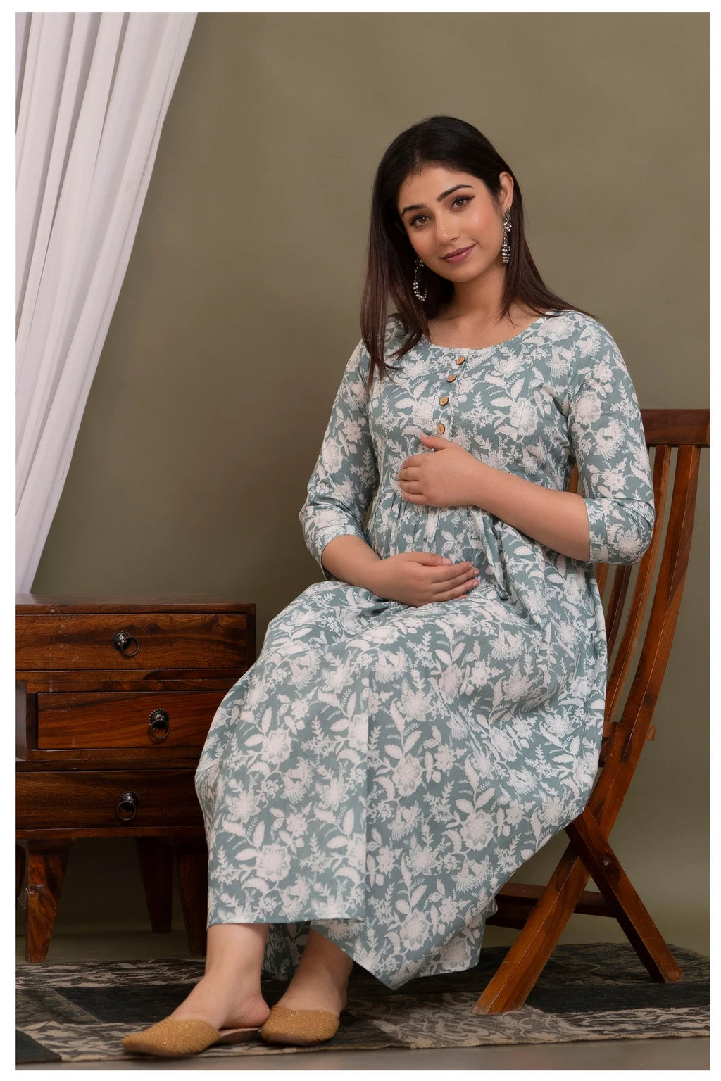 Sage Green Floral Maternity & Feeding Gown with Hidden Zipper