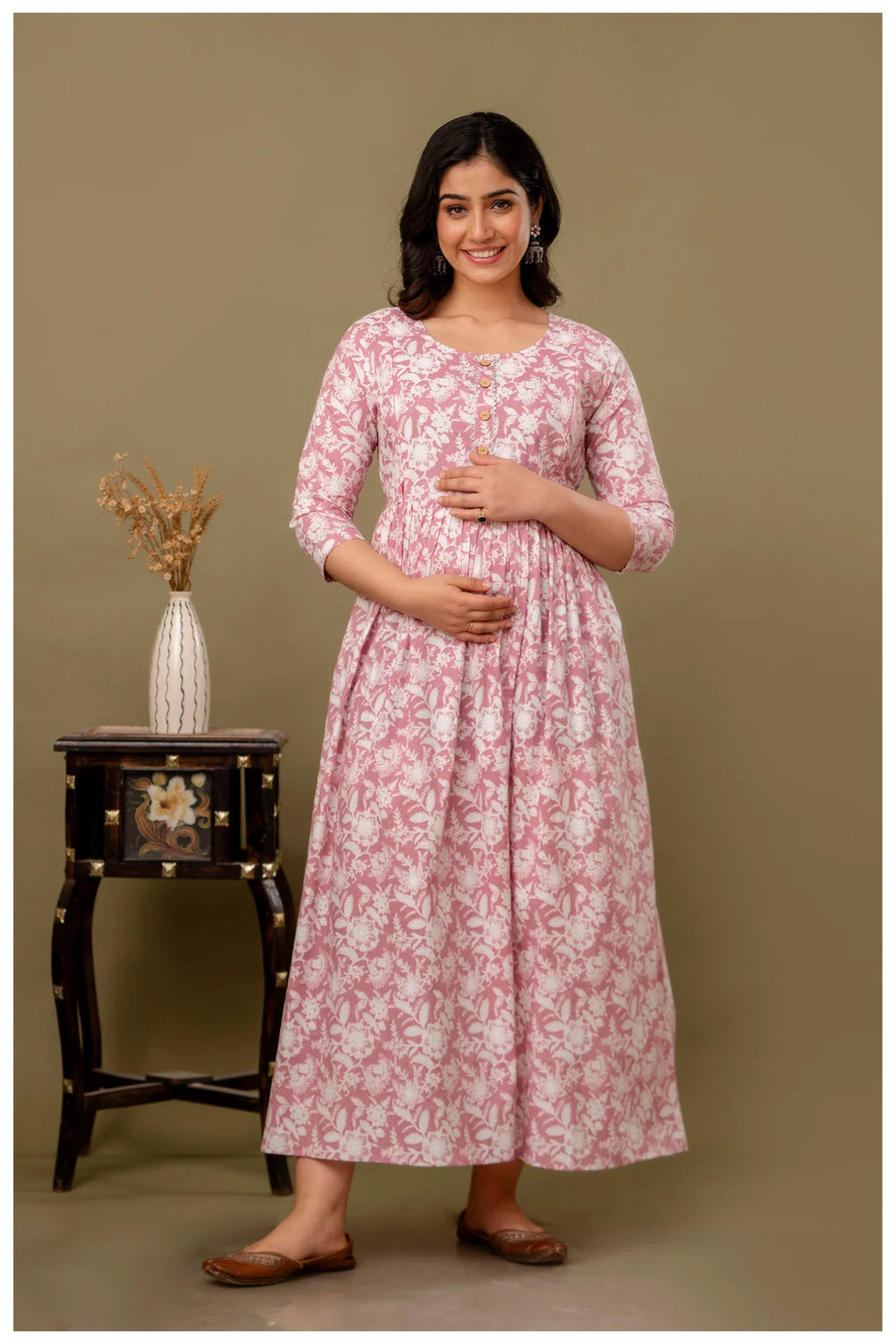 Dusty Pink Floral Printed Maternity & Feeding Gown with Concealed Zippers