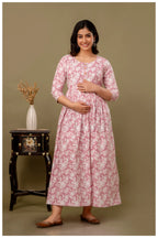 Dusty Pink Floral Printed Maternity & Feeding Gown with Concealed Zippers