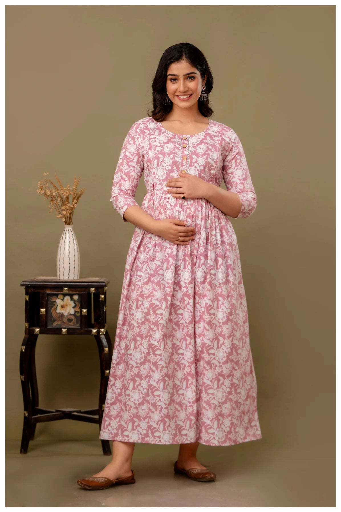 Dusty Pink Floral Printed Maternity & Feeding Gown with Concealed Zippers