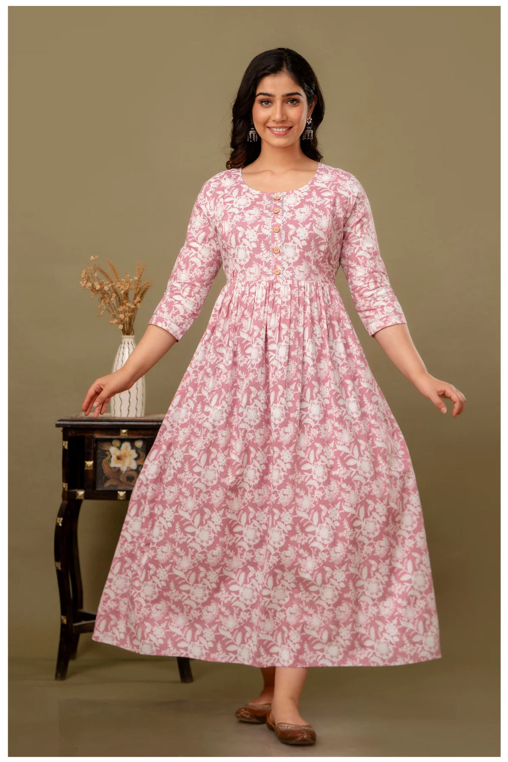 Dusty Pink Floral Printed Maternity & Feeding Gown with Concealed Zippers