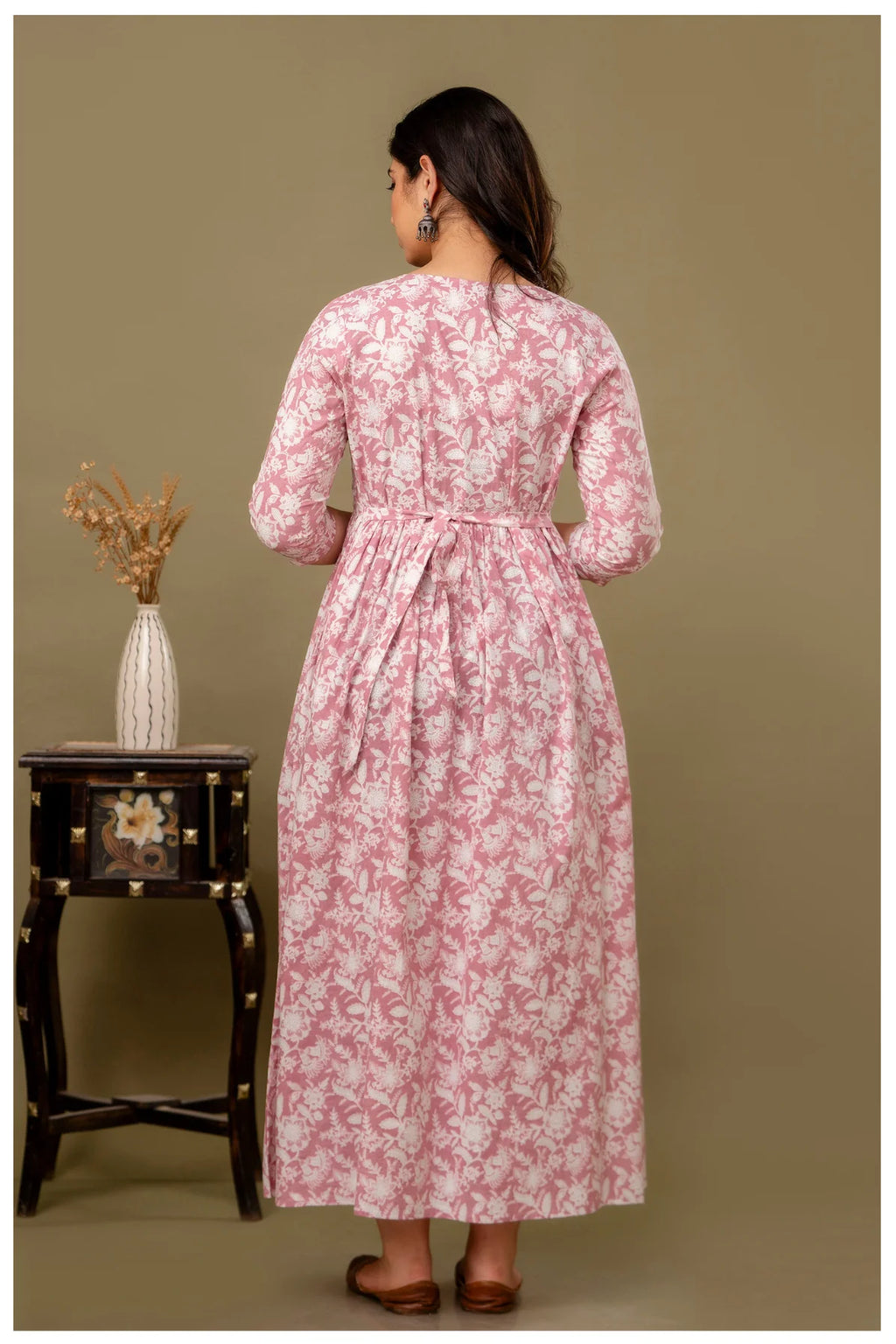Dusty Pink Floral Printed Maternity & Feeding Gown with Concealed Zippers