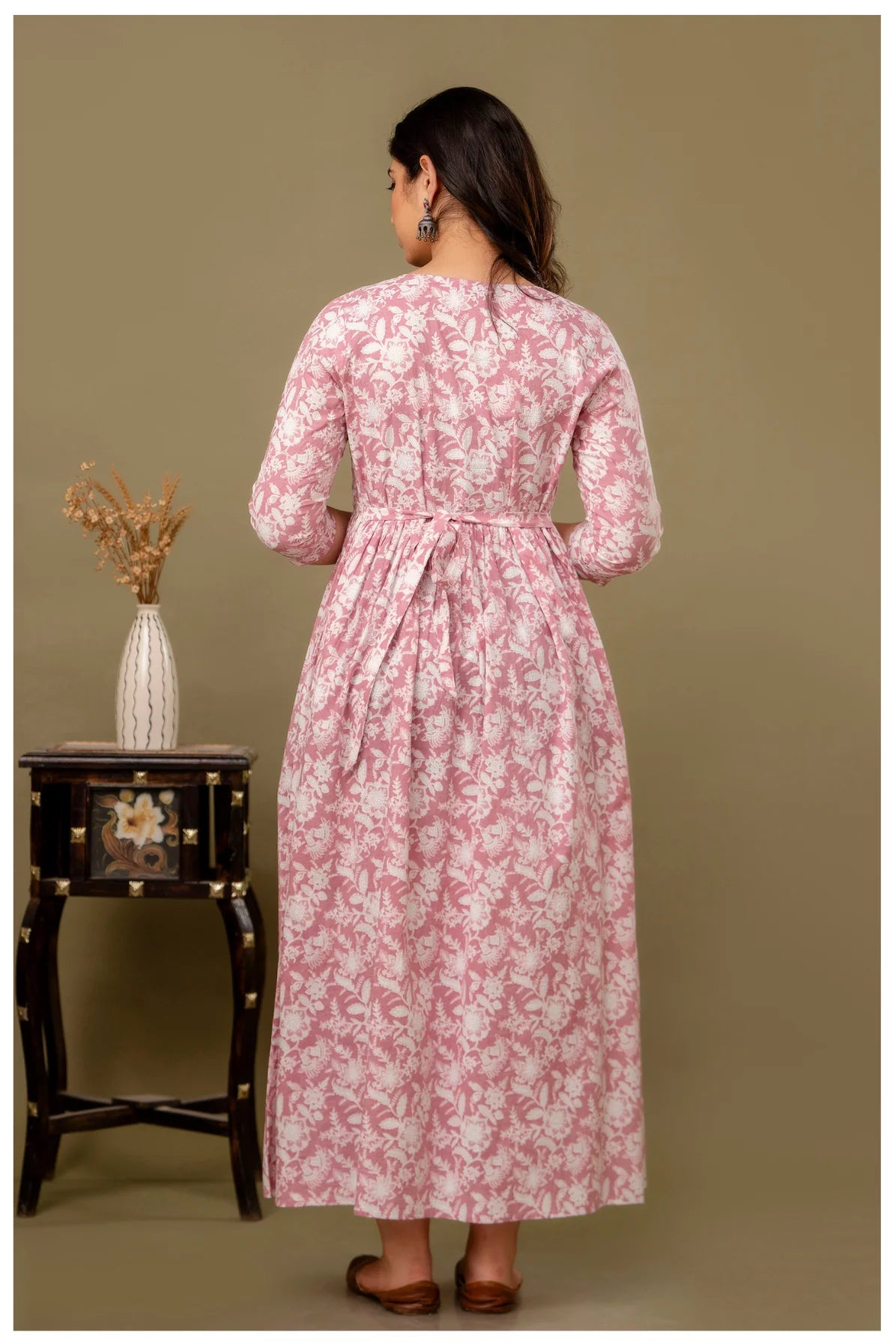 Dusty Pink Floral Printed Maternity & Feeding Gown with Concealed Zippers