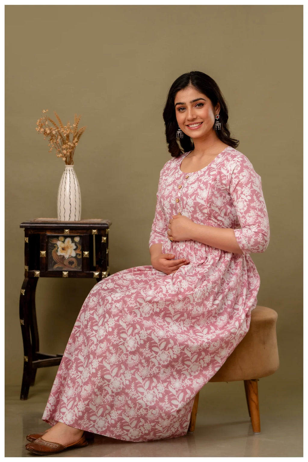 Dusty Pink Floral Printed Maternity & Feeding Gown with Concealed Zippers