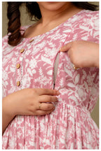 Dusty Pink Floral Printed Maternity & Feeding Gown with Concealed Zippers