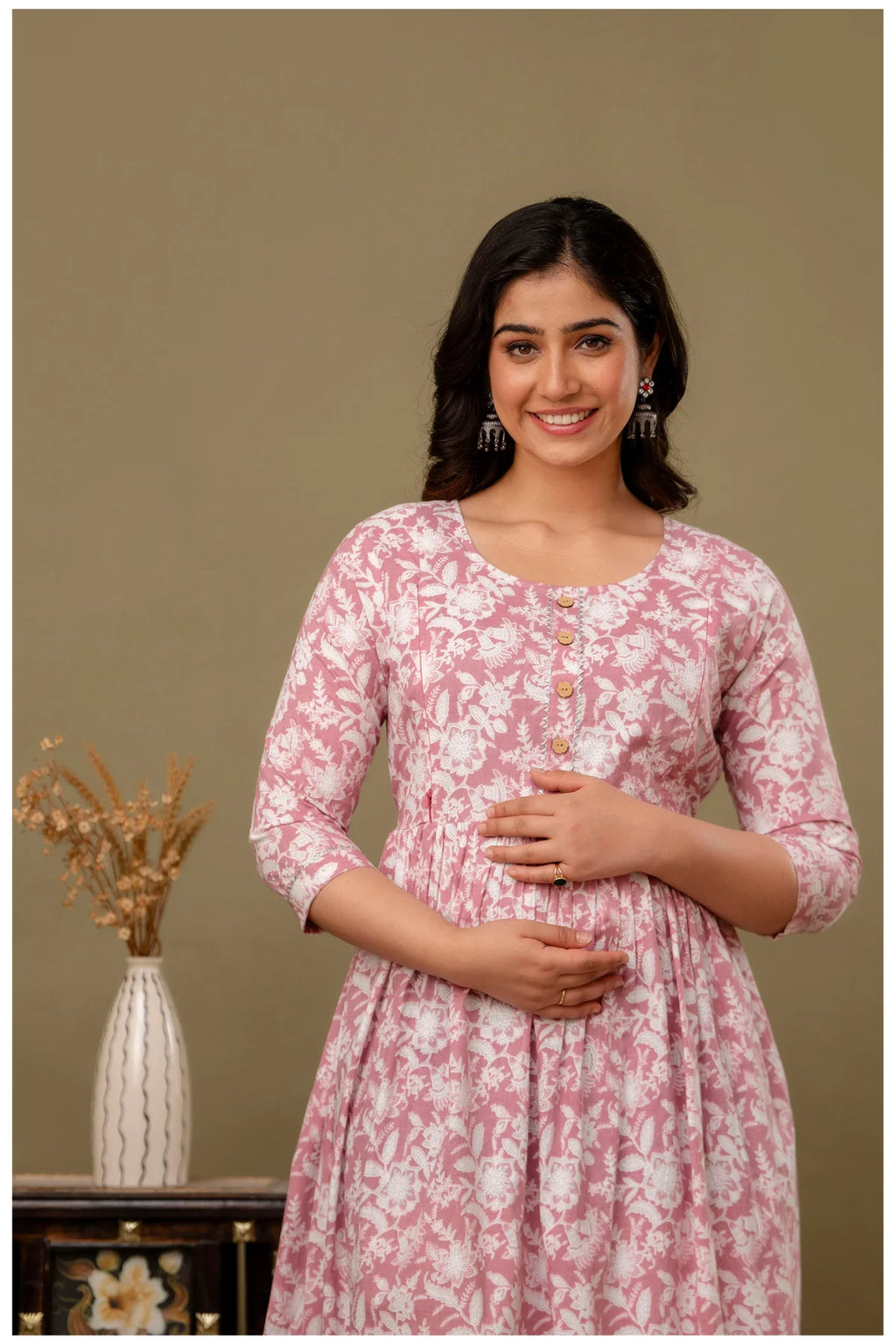 Dusty Pink Floral Printed Maternity & Feeding Gown with Concealed Zippers