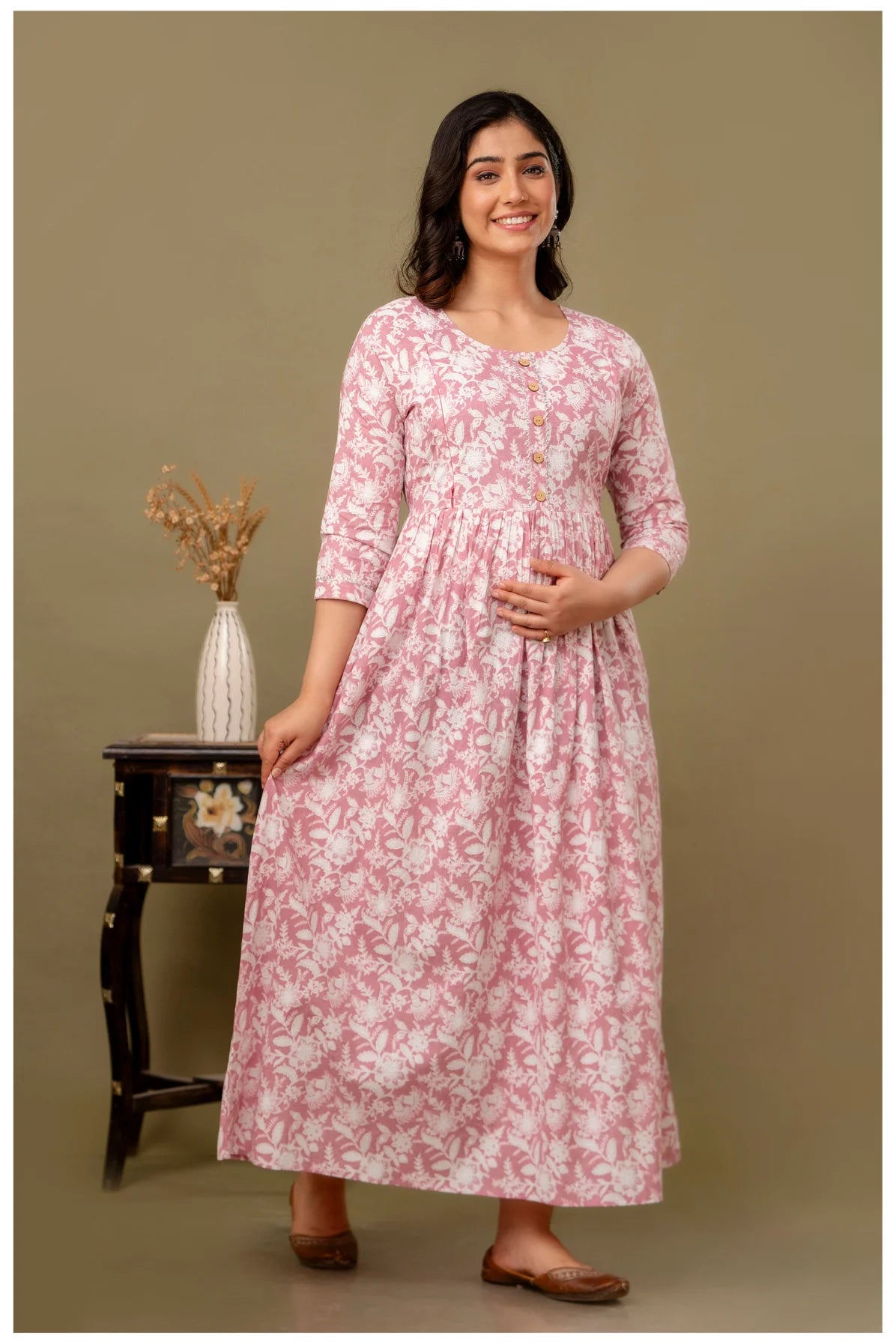 Dusty Pink Floral Printed Maternity & Feeding Gown with Concealed Zippers