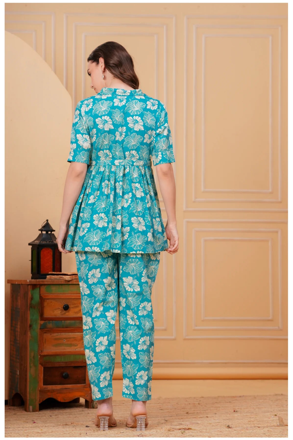 Teal Green Floral Printed Cotton Co-Ord Set for Women