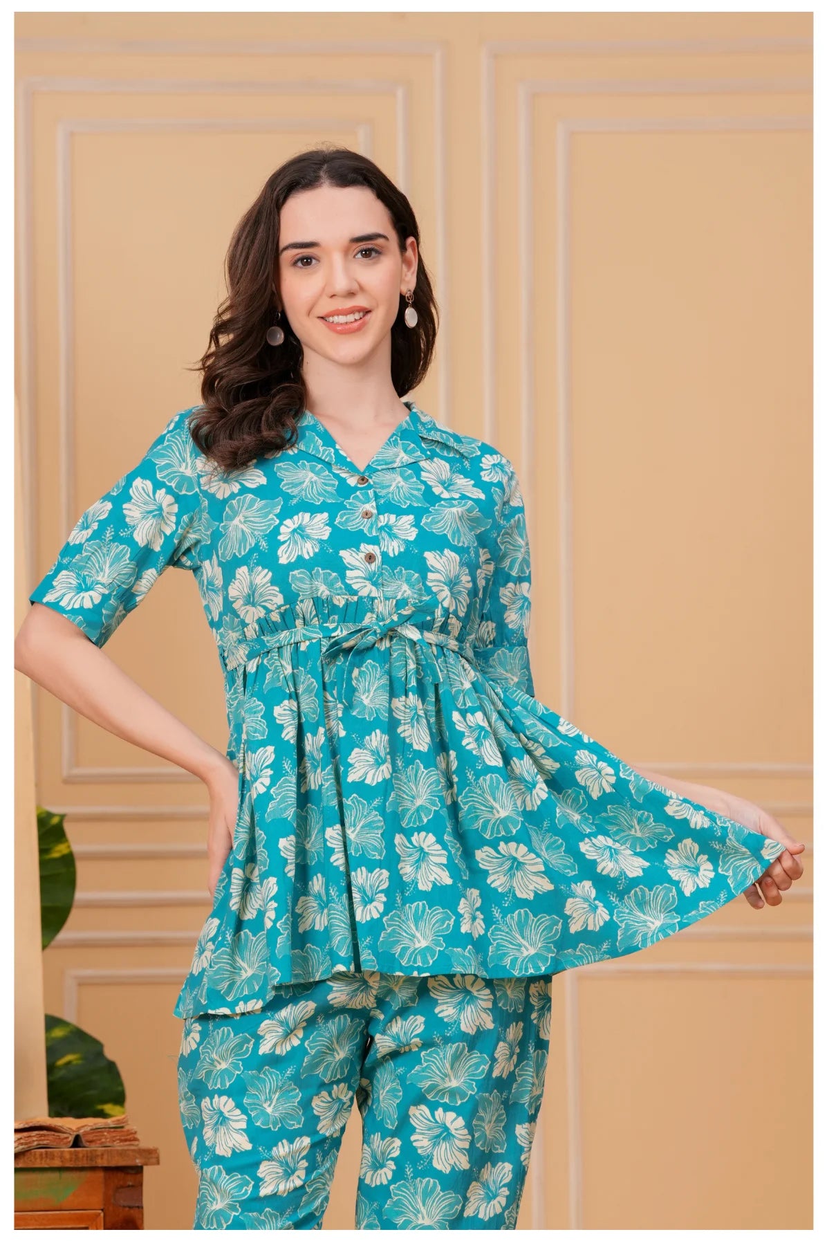 Teal Green Floral Printed Cotton Co-Ord Set for Women