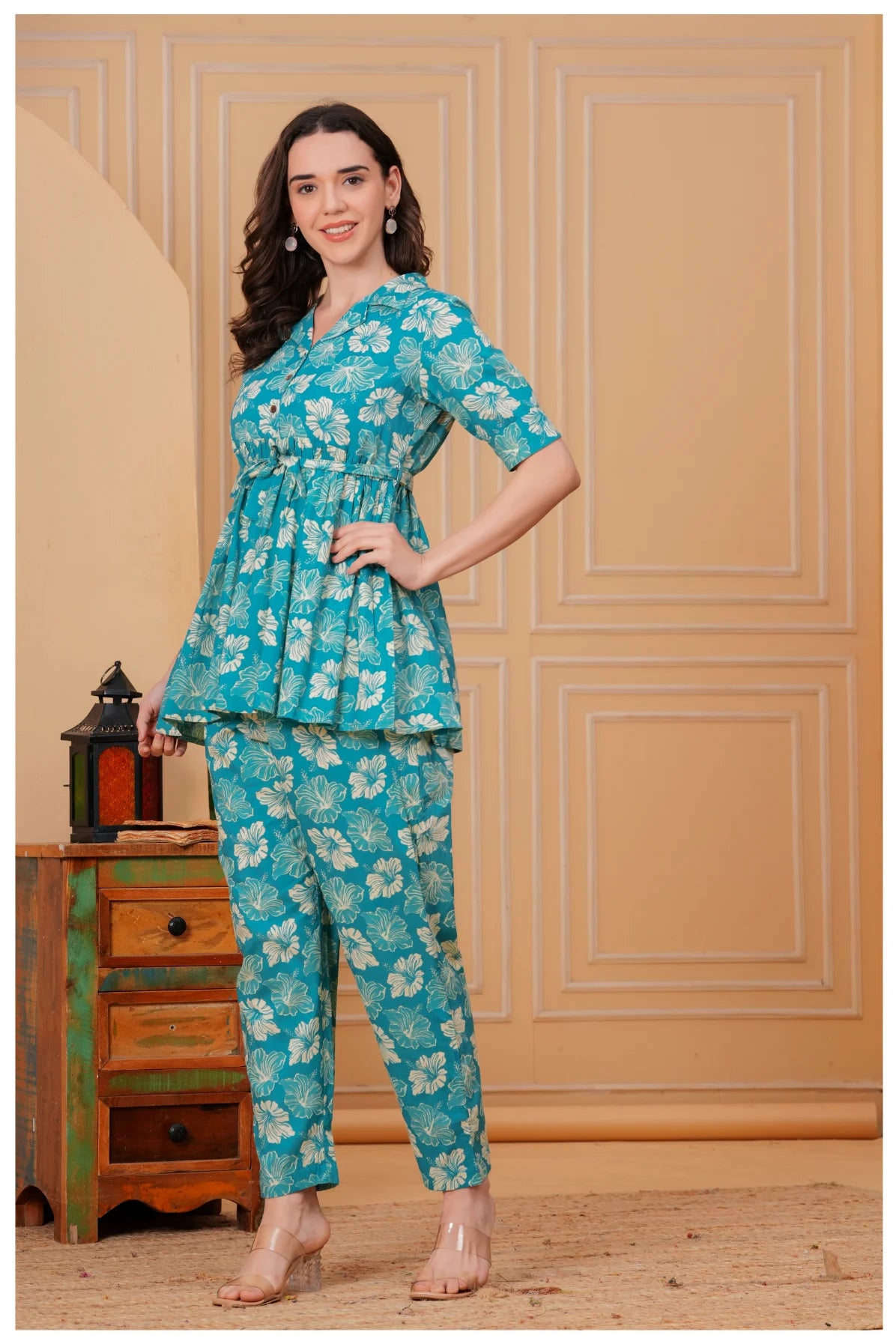Teal Green Floral Printed Cotton Co-Ord Set for Women
