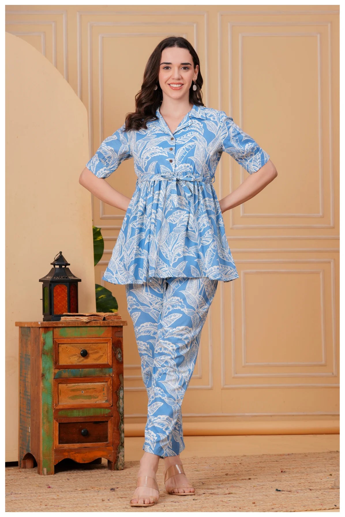 Sky Blue Floral Printed Cotton Co-Ord Set for Women