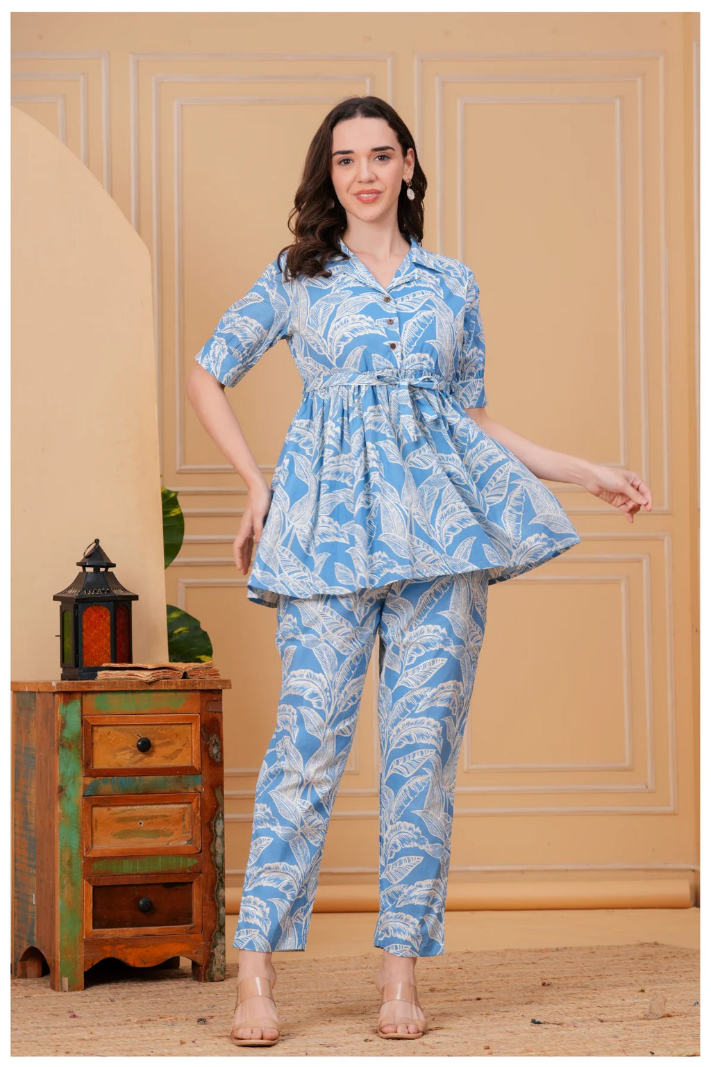Sky Blue Floral Printed Cotton Co-Ord Set for Women