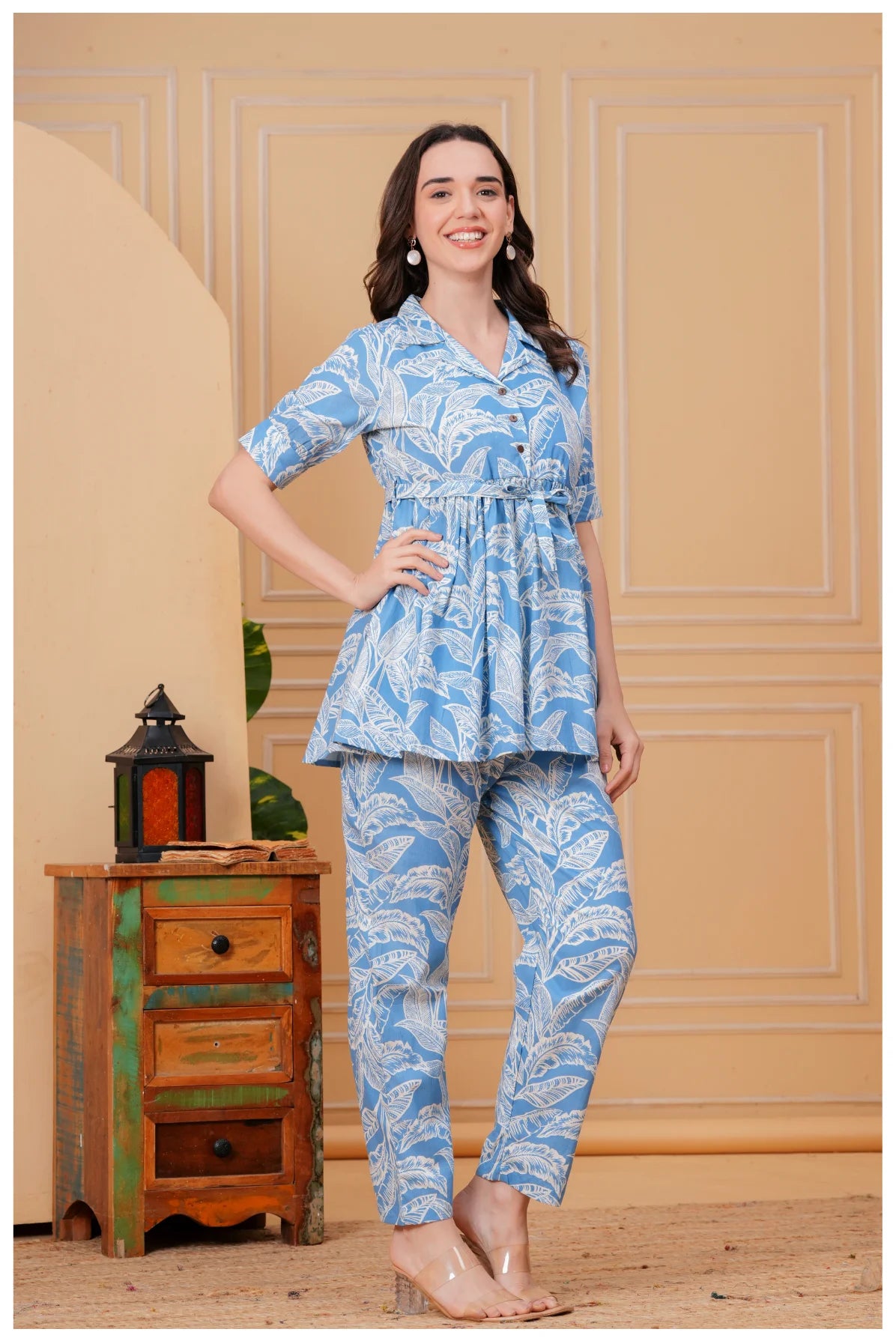 Sky Blue Floral Printed Cotton Co-Ord Set for Women
