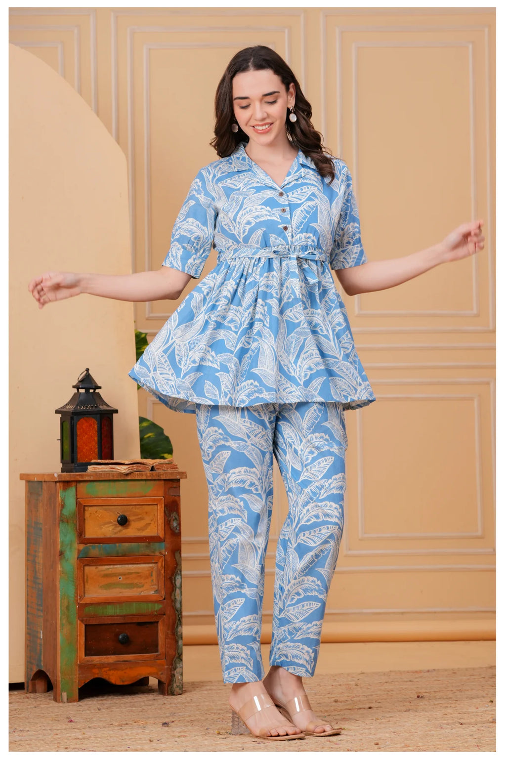 Sky Blue Floral Printed Cotton Co-Ord Set for Women
