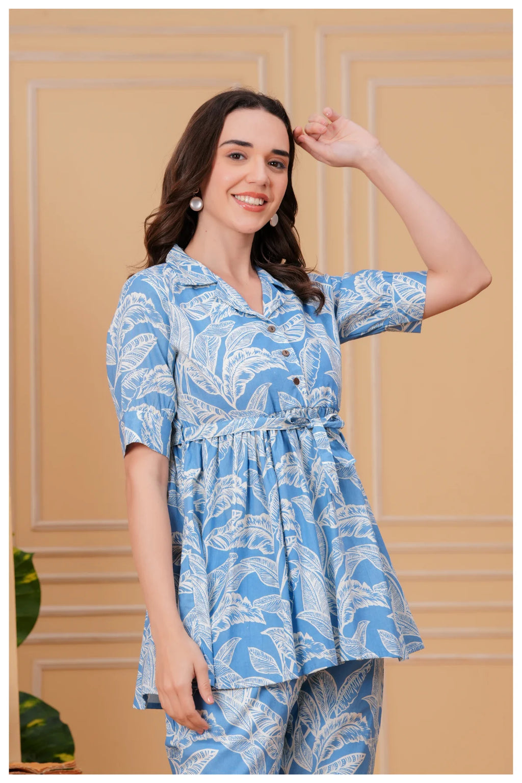 Sky Blue Floral Printed Cotton Co-Ord Set for Women