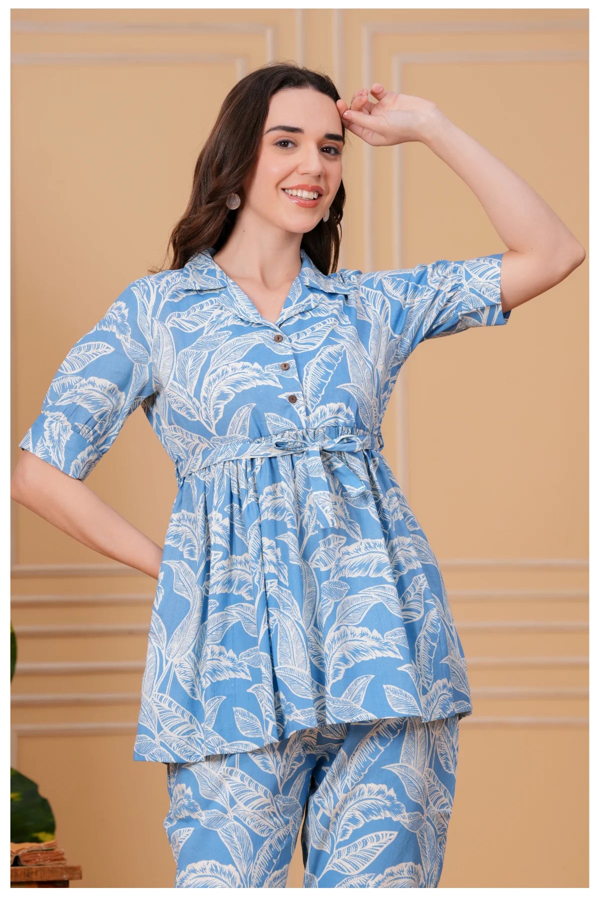 Sky Blue Floral Printed Cotton Co-Ord Set for Women
